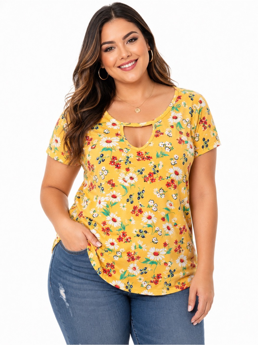 Joe Boxer M Yellow Floral Scoop Neck Keyhole Stretch Short Sleeve Top
